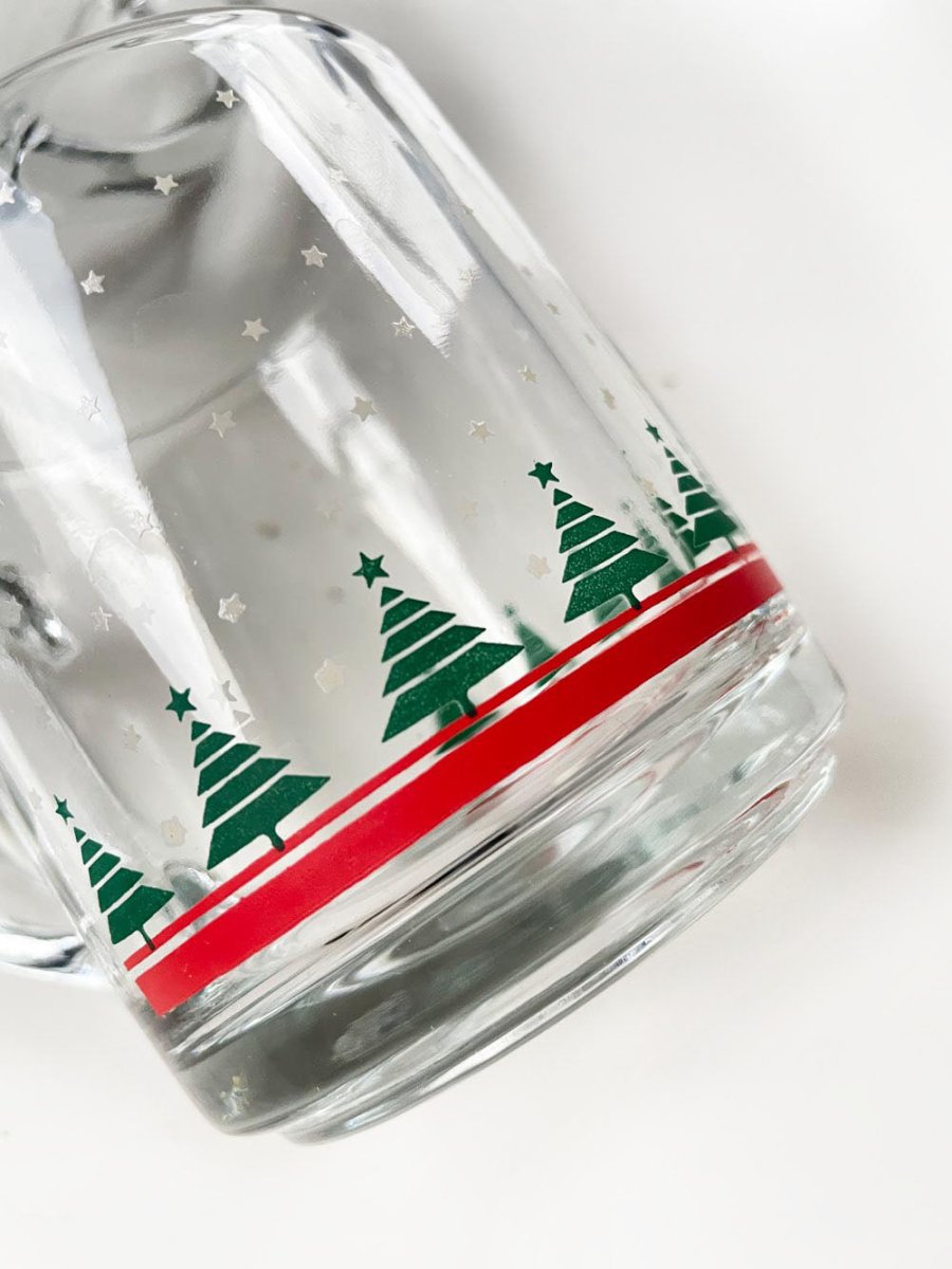 x2 vintage holiday trees clear mugs | made in Canada - good market thrift store