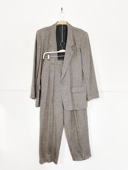 x3 vintage 80s ports silk - wool herringbone suit set | blazer | trousers | midi skirt - good market thrift store