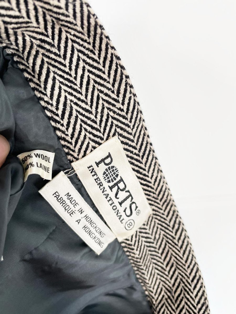 x3 vintage 80s ports silk - wool herringbone suit set | blazer | trousers | midi skirt - good market thrift store