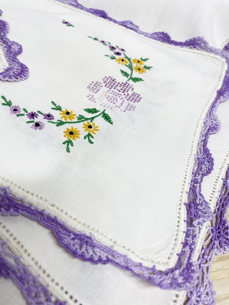 x3 vintage crochet trim embroidered floral linen textile set - good market thrift store