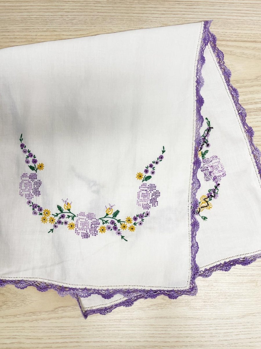 x3 vintage crochet trim embroidered floral linen textile set - good market thrift store