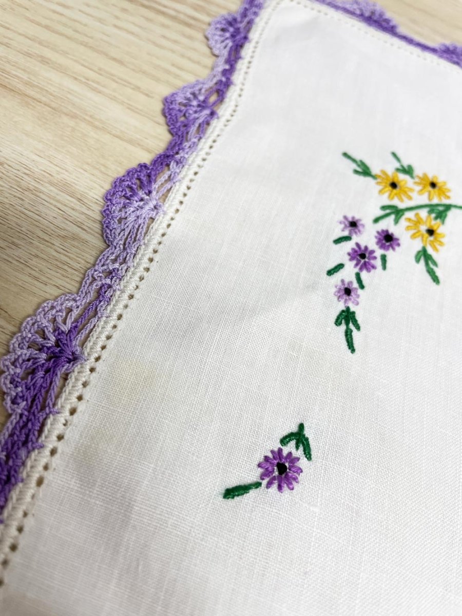 x3 vintage crochet trim embroidered floral linen textile set - good market thrift store