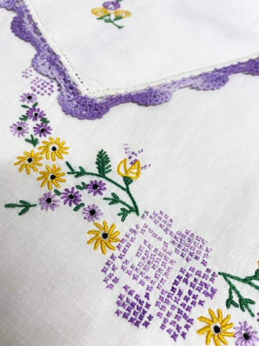 x3 vintage crochet trim embroidered floral linen textile set - good market thrift store