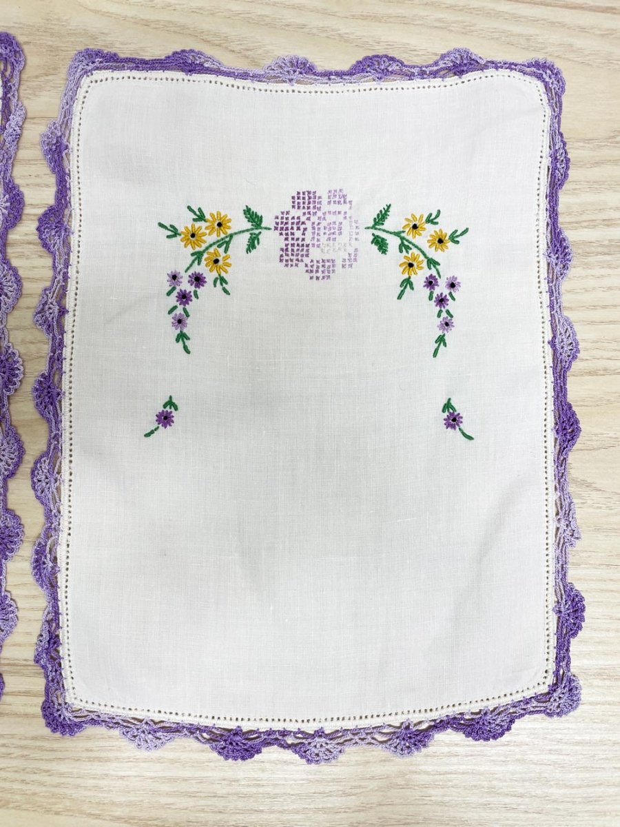 x3 vintage crochet trim embroidered floral linen textile set - good market thrift store