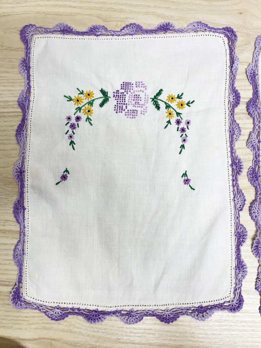 x3 vintage crochet trim embroidered floral linen textile set - good market thrift store