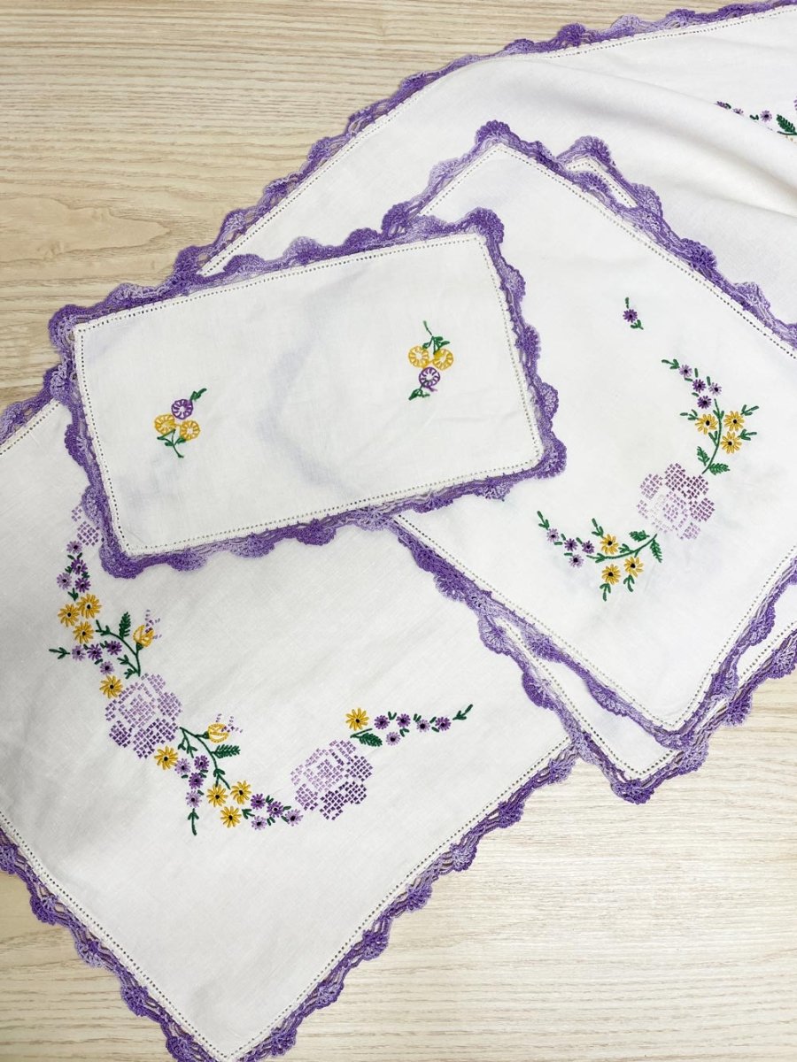 x3 vintage crochet trim embroidered floral linen textile set - good market thrift store