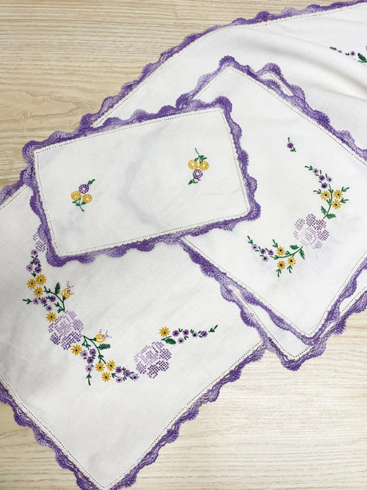 x3 vintage crochet trim embroidered floral linen textile set - good market thrift store