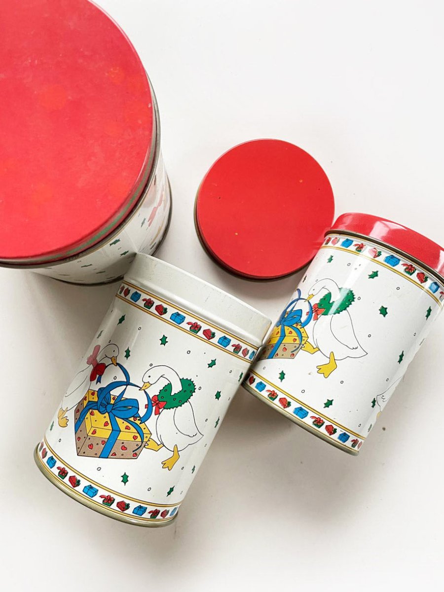 x3 vintage holiday geese stacking round tins - good market thrift store