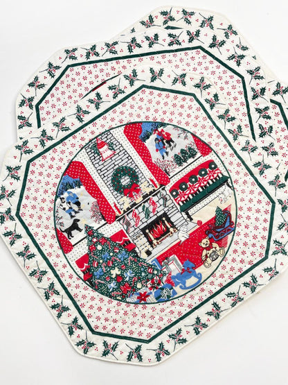x4 vintage 80s quilted square holiday scene placemats - good market thrift store