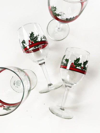 x4 vintage festive holly wine glasses - good market thrift store