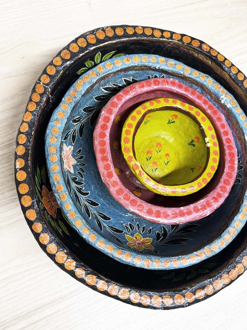 x4 vintage handmade paper mache painted nesting bowls - good market thrift store