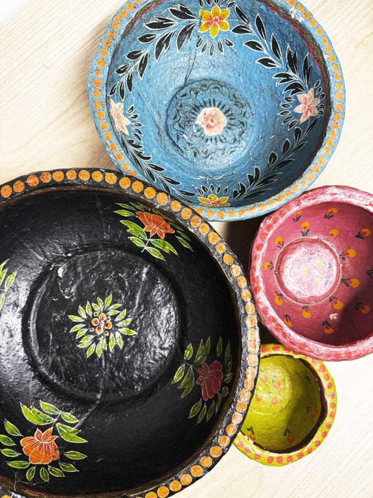 x4 vintage handmade paper mache painted nesting bowls - good market thrift store