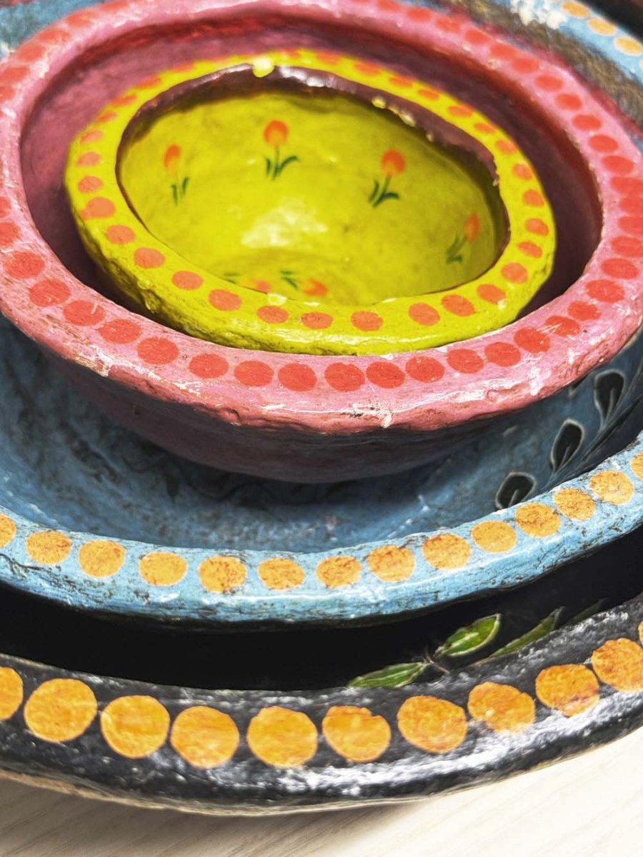 x4 vintage handmade paper mache painted nesting bowls - good market thrift store