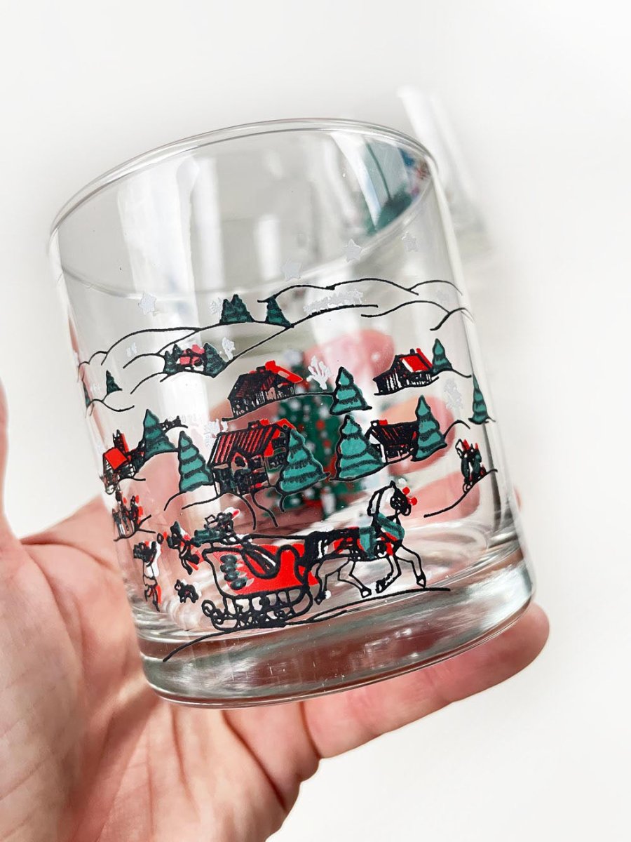 x4 vintage holiday scene + tree rock glass | made in brazil - good market thrift store