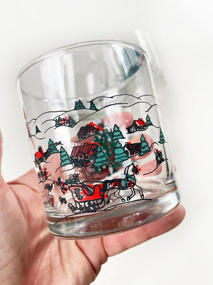 x4 vintage holiday scene + tree rock glass | made in brazil - good market thrift store