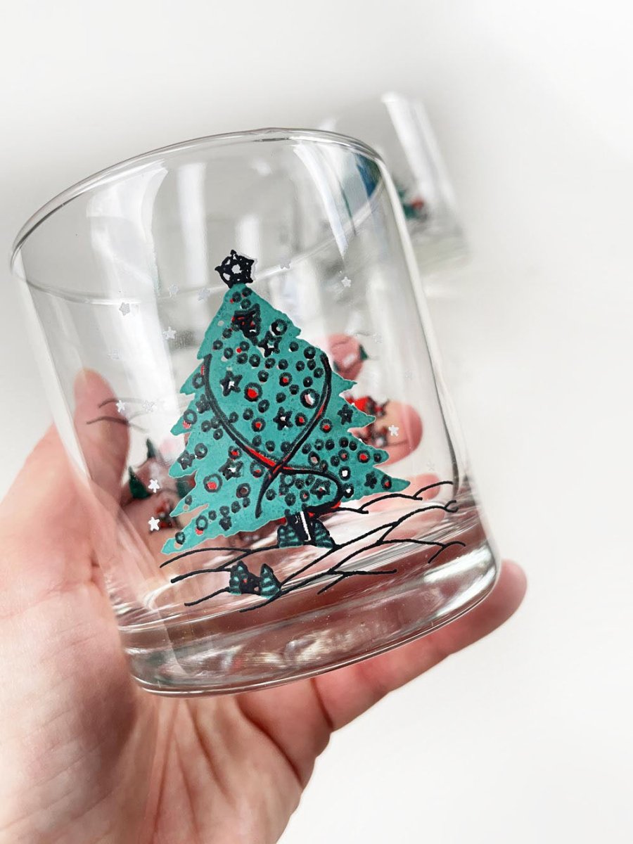 x4 vintage holiday scene + tree rock glass | made in brazil - good market thrift store