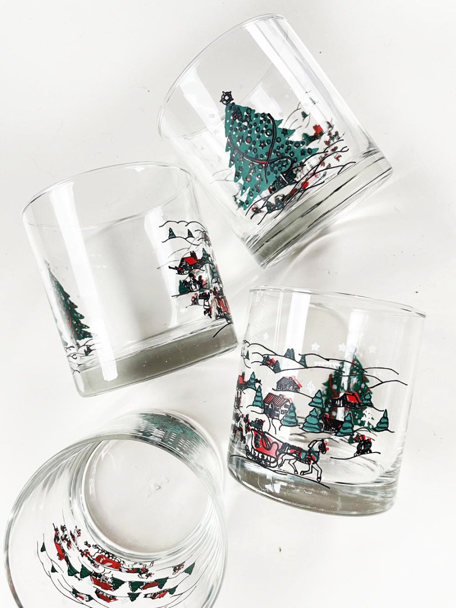 x4 vintage holiday scene + tree rock glass | made in brazil - good market thrift store
