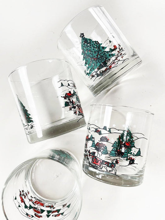 x4 vintage holiday scene + tree rock glass | made in brazil - good market thrift store