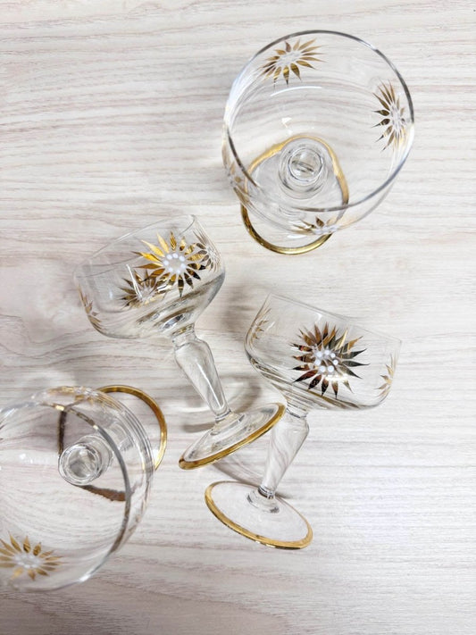 x4 vintage MCM gold sunburst aperatif stemmed glasses | mid-century - good market thrift store