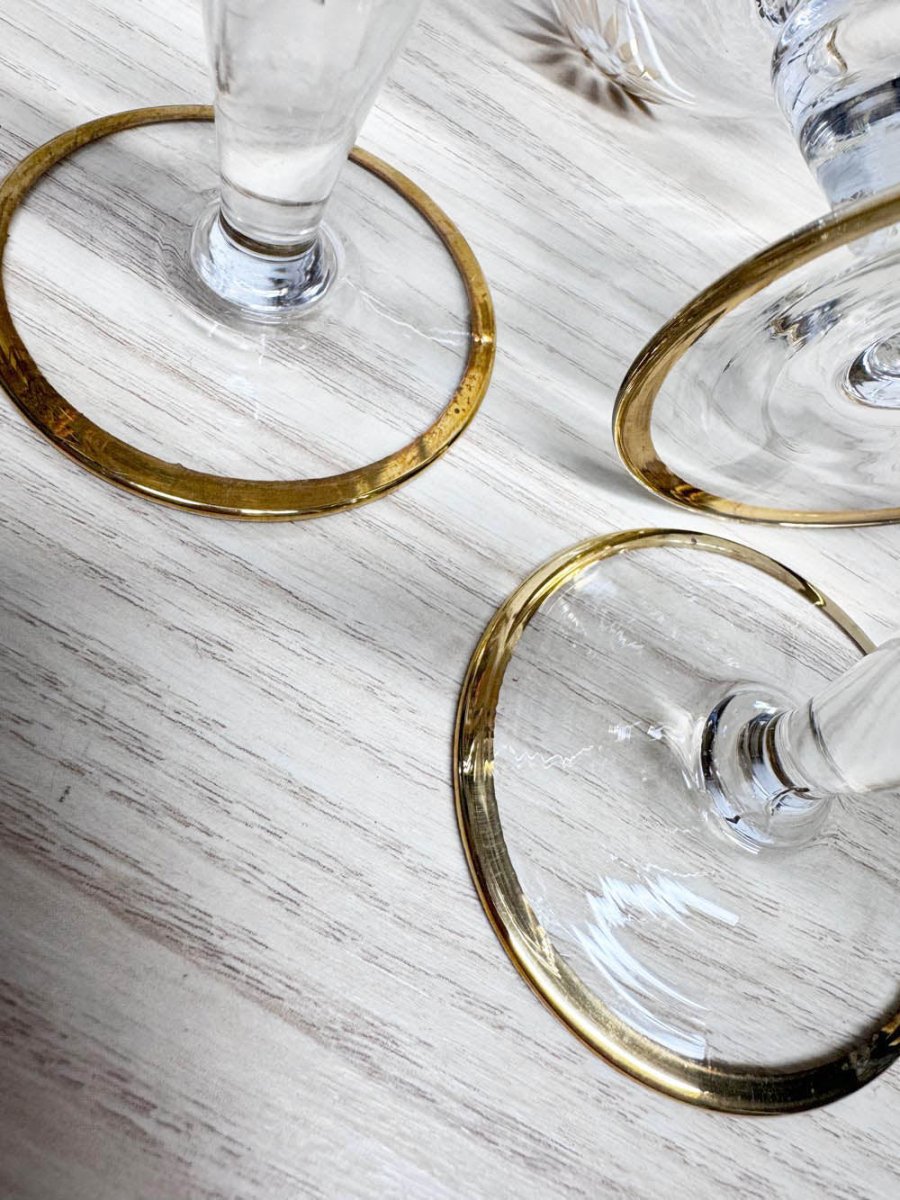 x4 vintage MCM gold sunburst aperatif stemmed glasses | mid-century - good market thrift store