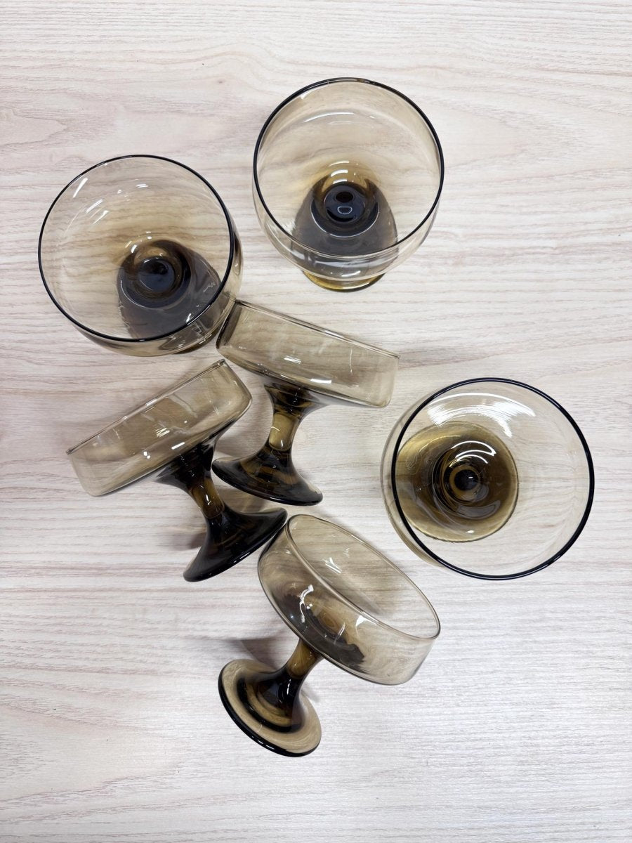 x6 vintage libby smoke glass coupe champagne glassware - good market thrift store