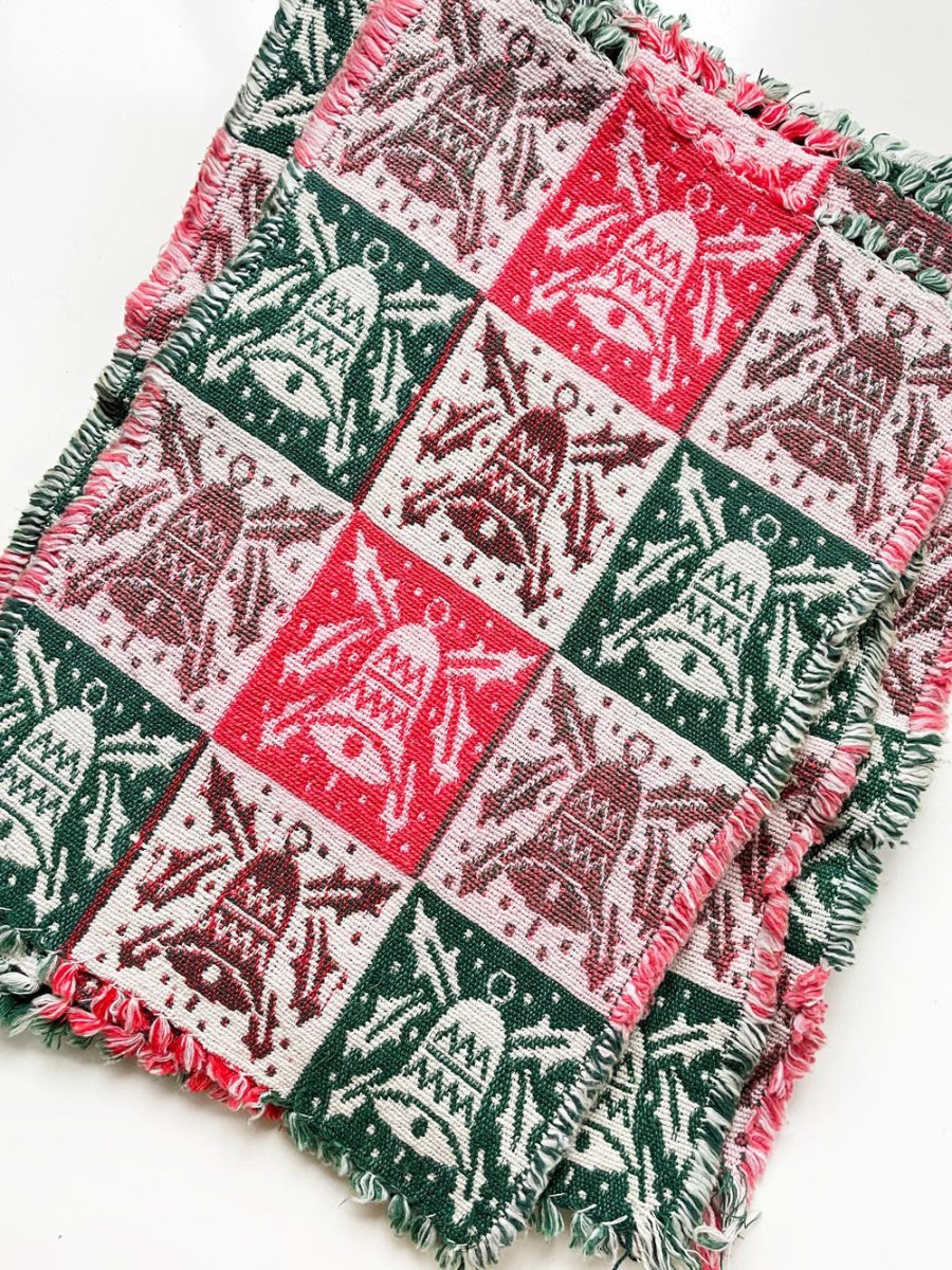 x6 vintage woven festive bells placemats | hand - bound edge - good market thrift store