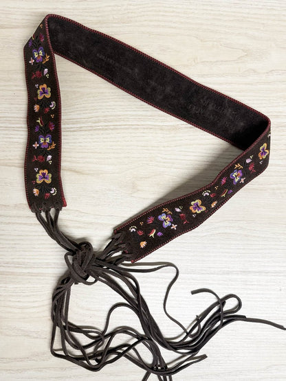 y2k AE boho suede flower embroidered tie belt | american eagle - good market thrift store