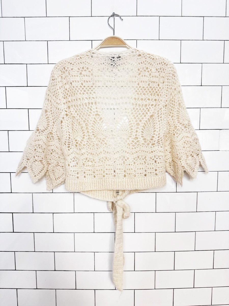 y2k arden b mohair-blend loose crochet knit tie front cropped cardigan - good market thrift store
