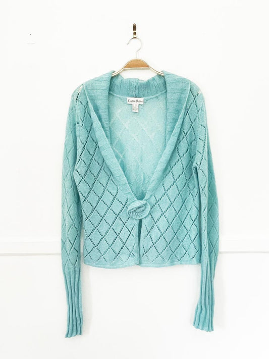 y2k carol rose mohair-blend pointelle knit rosebud cardigan - good market thrift store