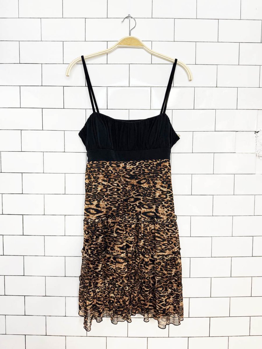 y2k city triangles babydoll tiered animal print mini dress - good market thrift store
