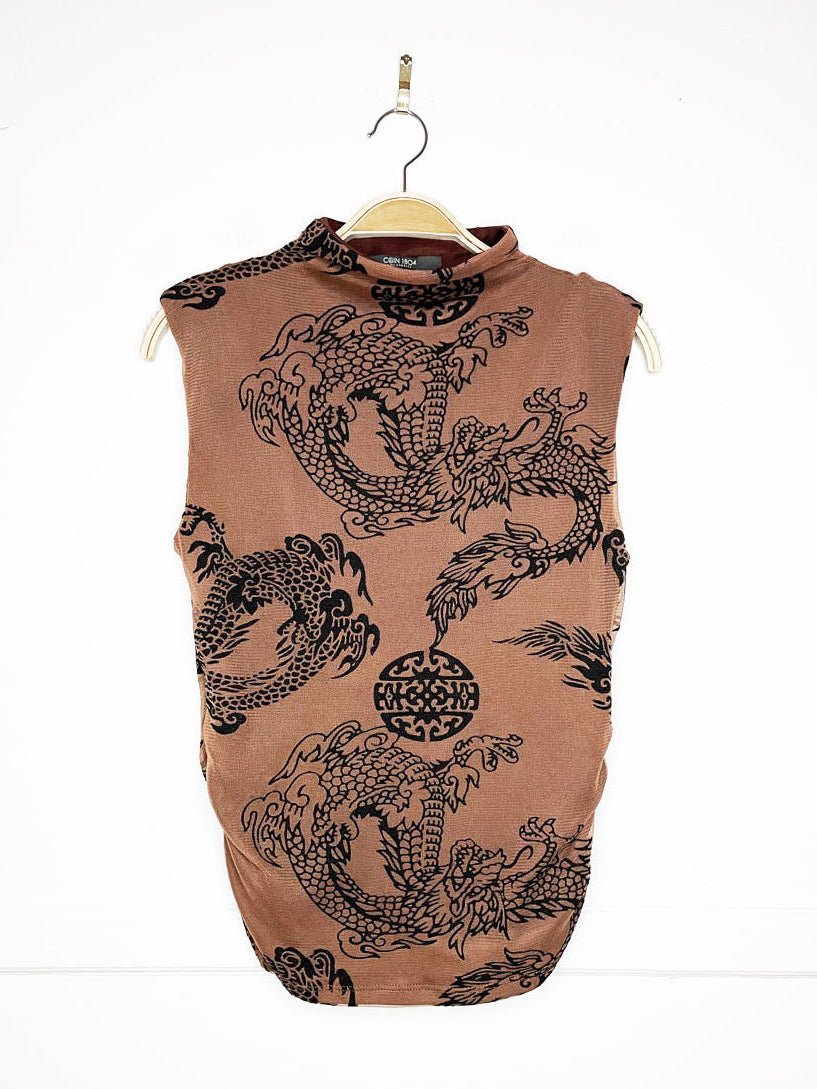 y2k coin 1804 dragon mock neck ruched mesh sleeveless shirt - good market thrift store