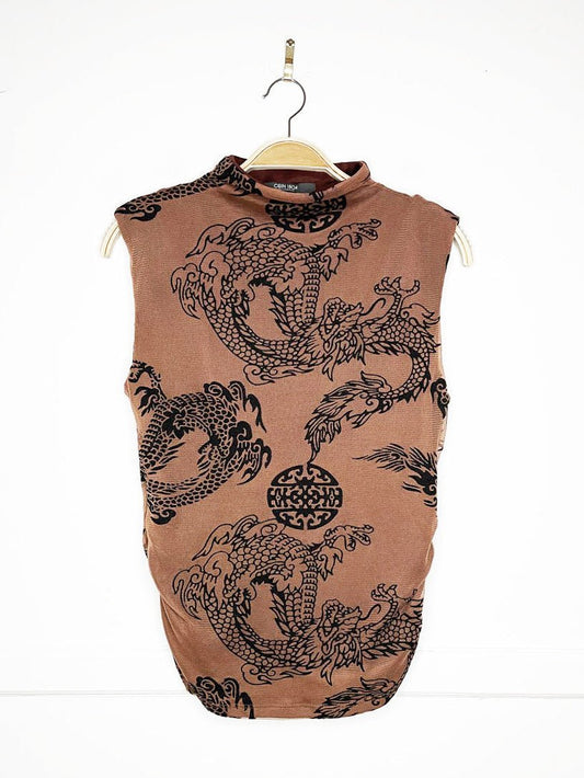 y2k coin 1804 dragon mock neck ruched mesh sleeveless shirt - good market thrift store