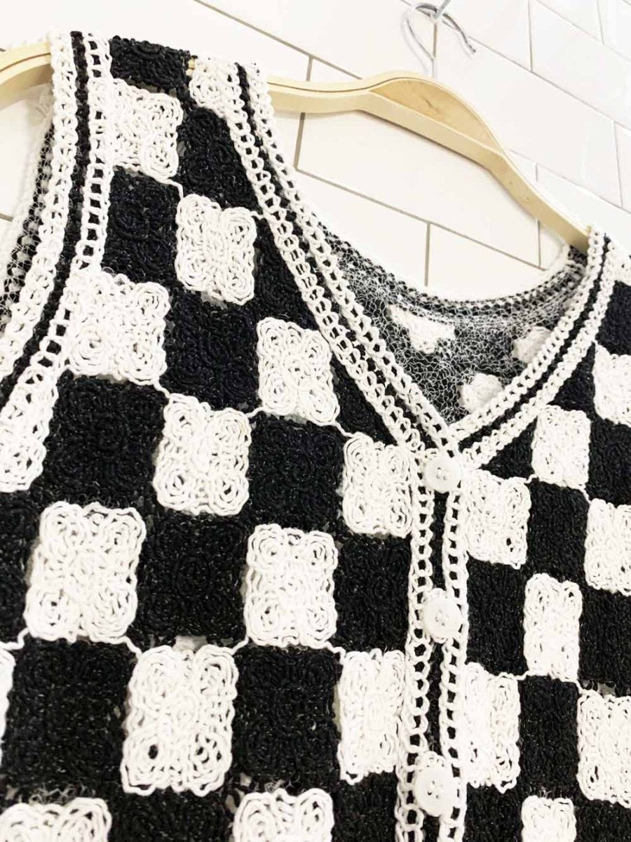 y2k crochet knit check full button vest - good market thrift store