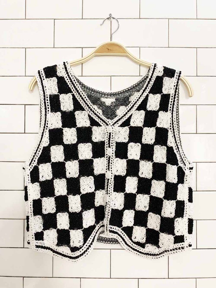 y2k crochet knit check full button vest - good market thrift store