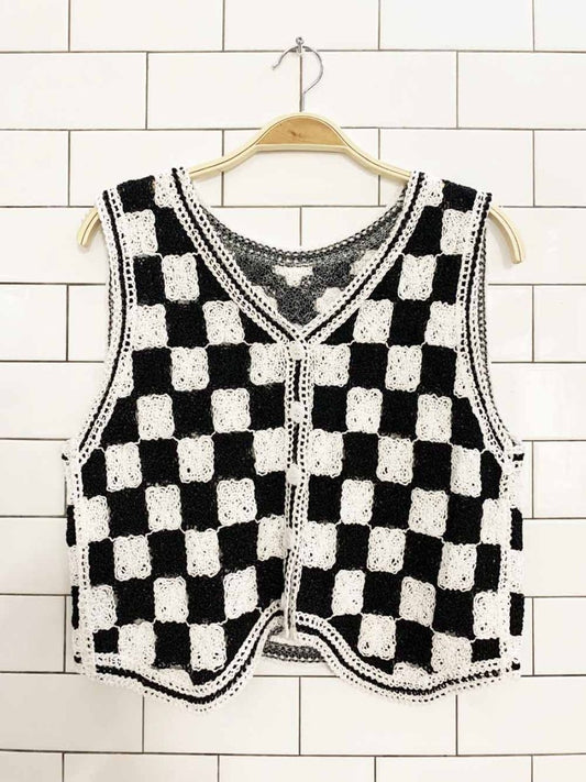 y2k crochet knit check full button vest - good market thrift store