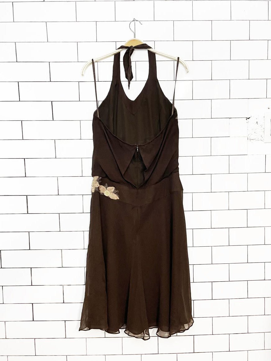 y2k depeche mode 100% silk chiffon floral embroidered halter midi dress | yves cossette - good market thrift store