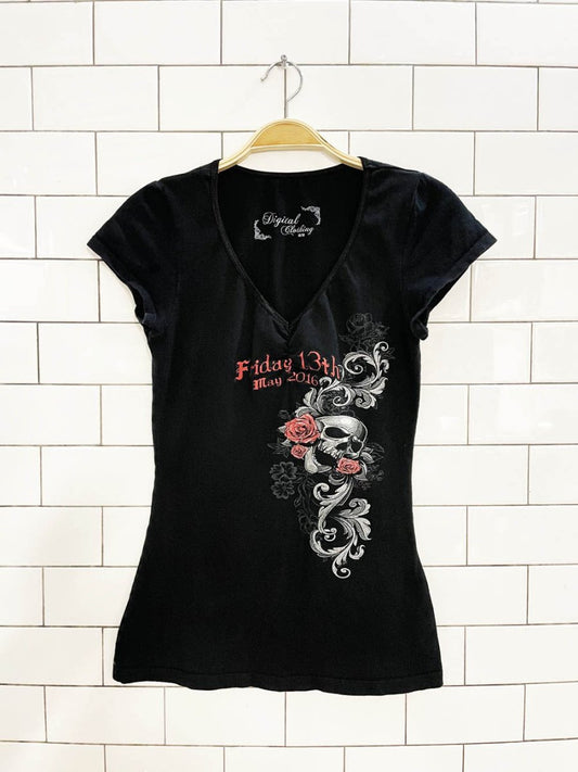 y2k digital clothing friday the 13th motorcycle rally cap sleeve tee - good market thrift store