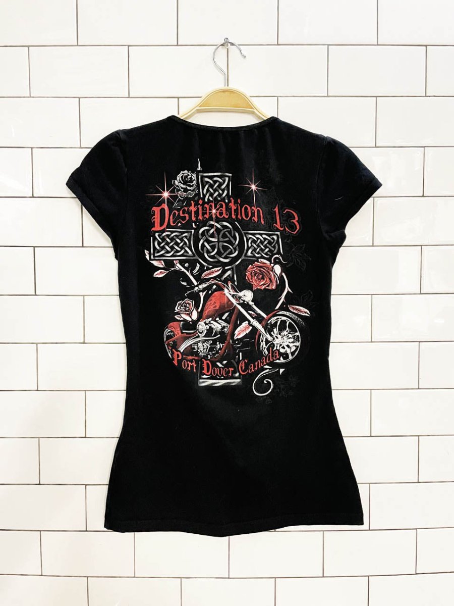 y2k digital clothing friday the 13th motorcycle rally cap sleeve tee - good market thrift store