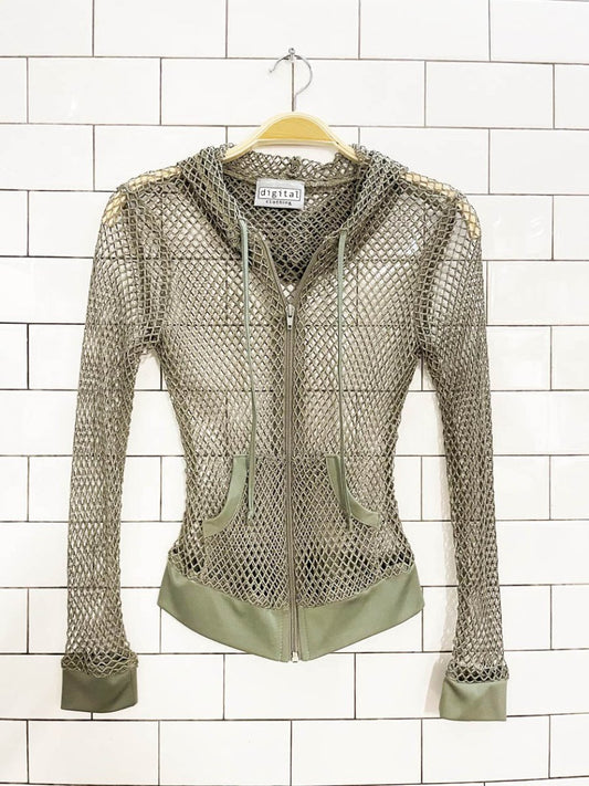 y2k digital clothing metallic open crochet knit full zip hoodie - good market thrift store