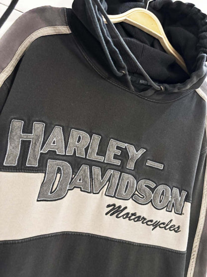 y2k distressed harley davidson two tone hooded sweatshirt - good market thrift store