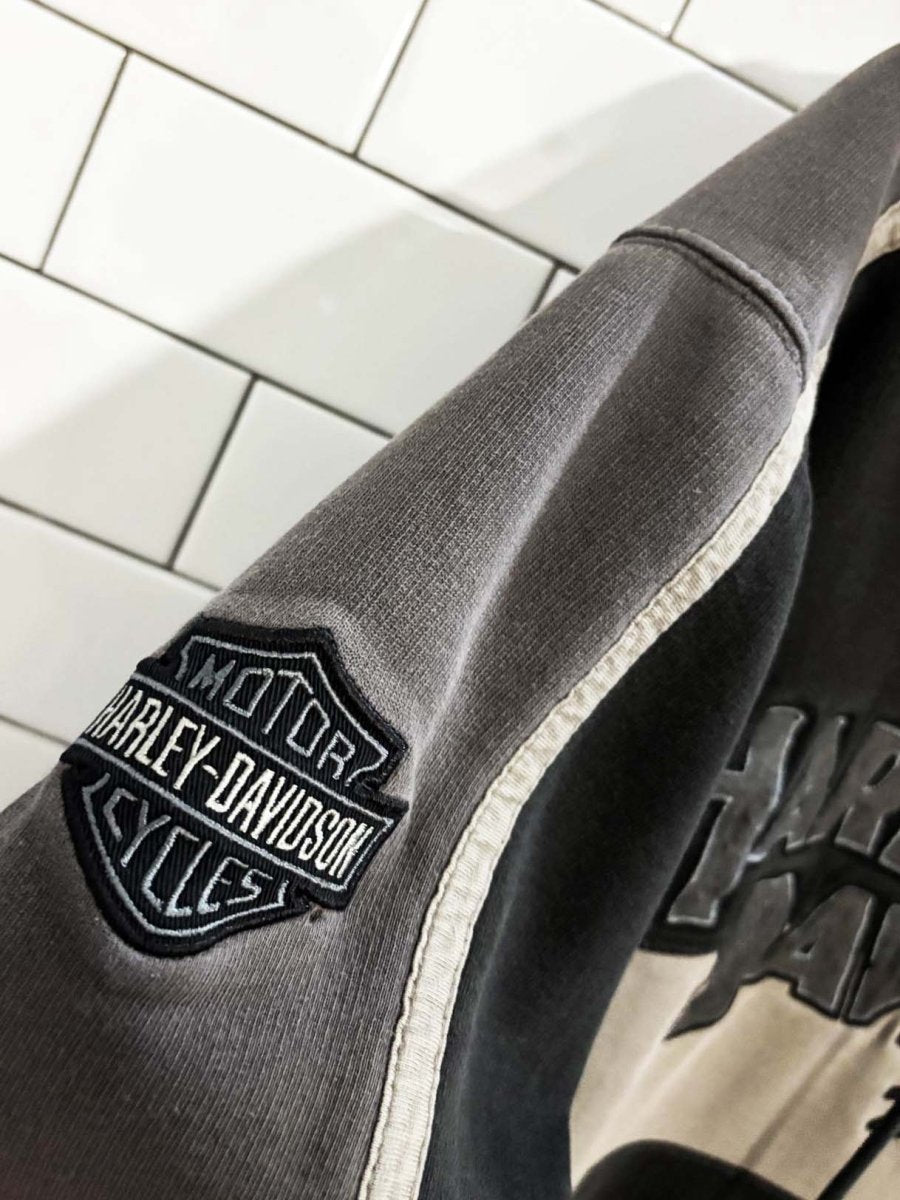 y2k distressed harley davidson two tone hooded sweatshirt - good market thrift store