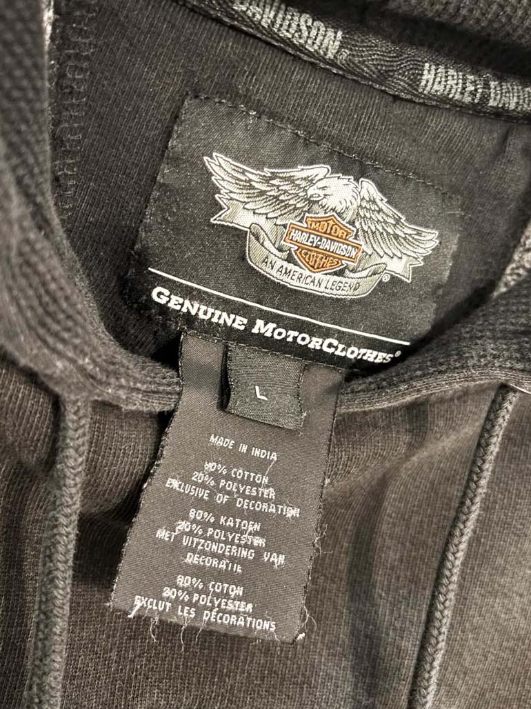 y2k distressed harley davidson two tone hooded sweatshirt - good market thrift store