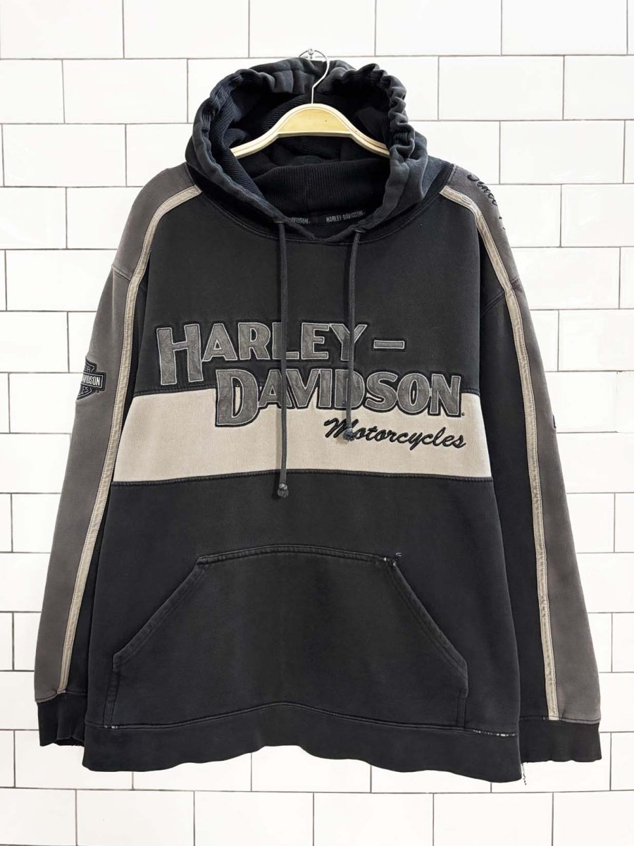 y2k distressed harley davidson two tone hooded sweatshirt - good market thrift store
