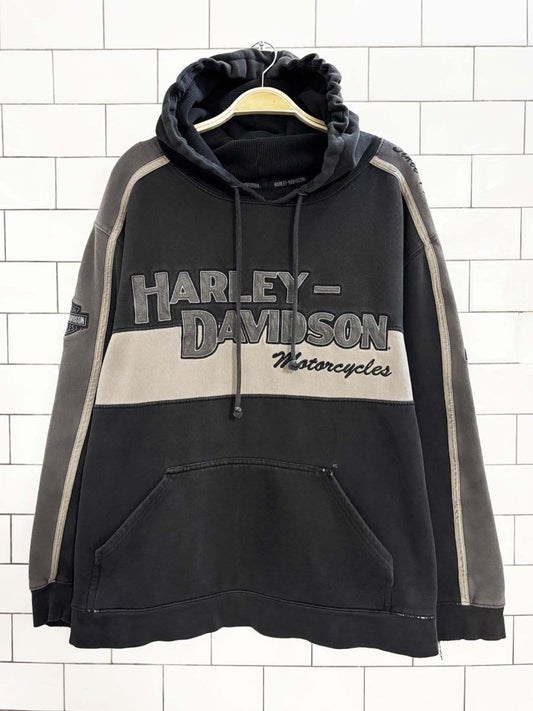 y2k distressed harley davidson two tone hooded sweatshirt - good market thrift store