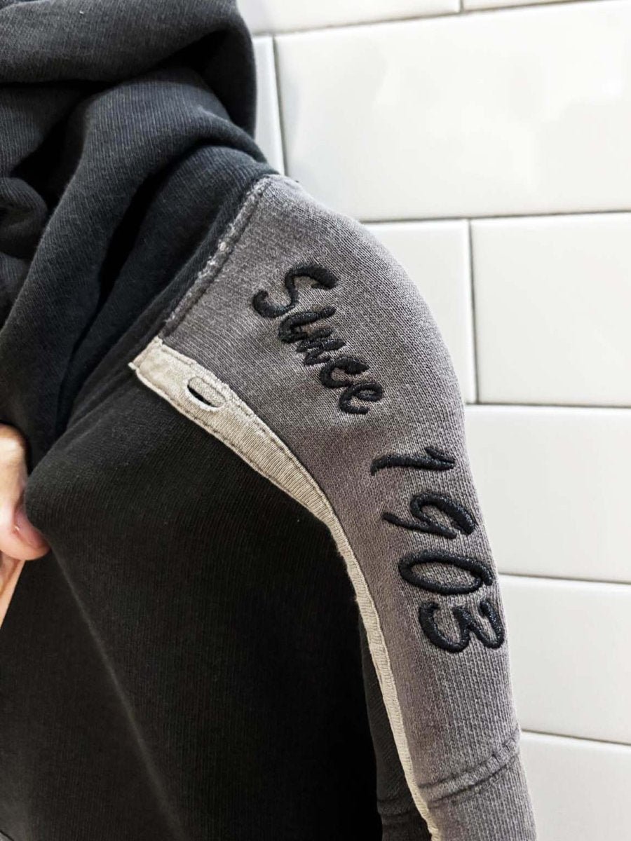 y2k distressed harley davidson two tone hooded sweatshirt - good market thrift store