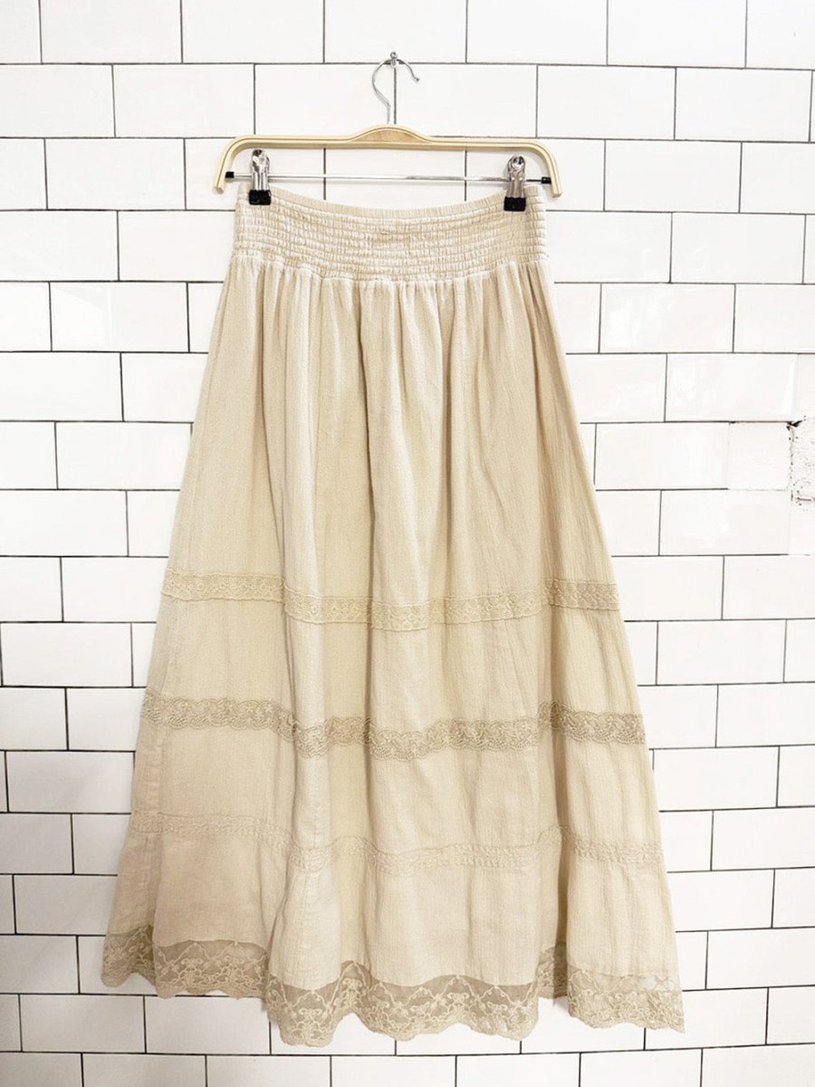 y2k dressbarn boho tiered lace trim prairie midi skirt - good market thrift store