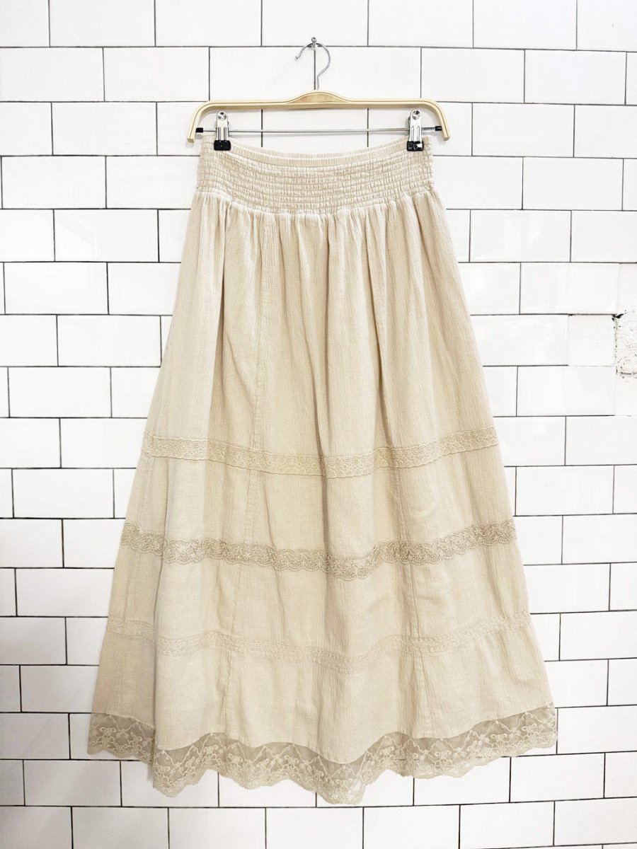 y2k dressbarn boho tiered lace trim prairie midi skirt - good market thrift store