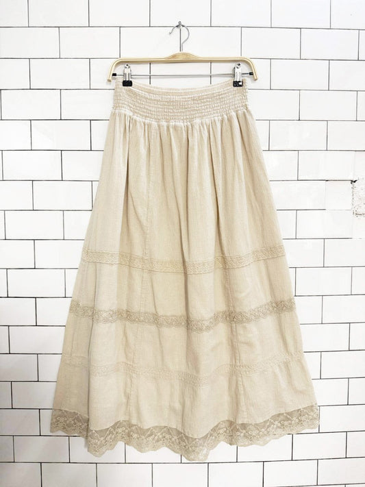y2k dressbarn boho tiered lace trim prairie midi skirt - good market thrift store