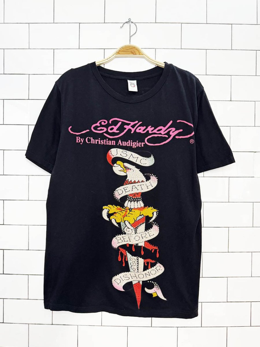 y2k ed hardy crystal eagle print tee - good market thrift store