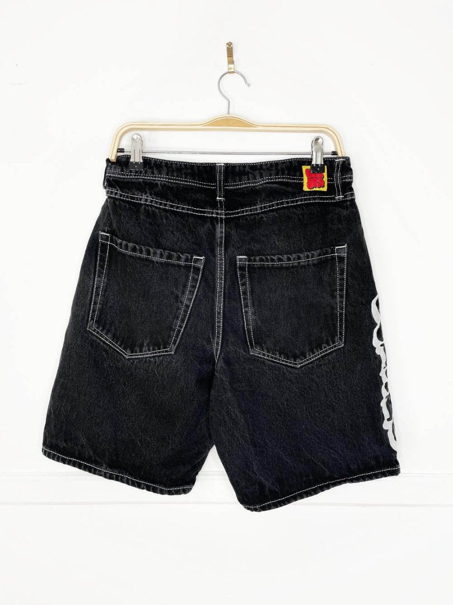 y2k empyre embroidered spell out denim skate short - good market thrift store